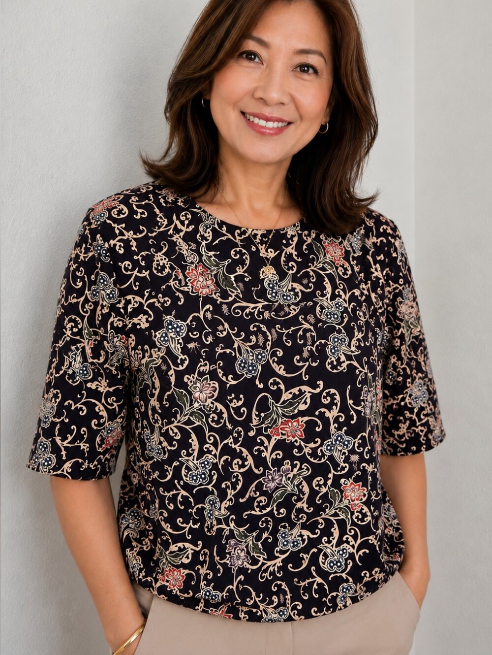 Worthington Vintage Purple & Cream Floral & Scroll Print Blouse, Size Large